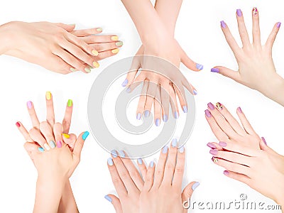 Bundle of hands with shellac art manicure Stock Photo