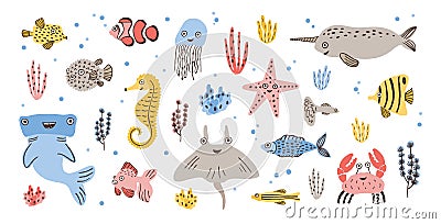 Bundle of happy adorable marine animals - narwhal, hammerhead, skate or ray, crab, fish, starfish and jellyfish isolated Vector Illustration