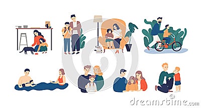 Bundle of happy loving family scenes. Good parenting and nurturing. Care, trust and support between parents and children Vector Illustration