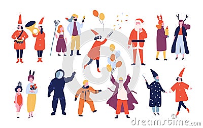 Bundle of happy men and women dressed in different festive costumes for holiday masquerade, holiday carnival, Christmas Vector Illustration