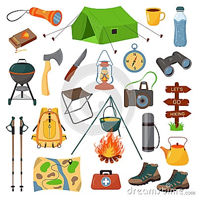 Bundle hiking. Big set of items for camping, trekking, tourism and travel. Vector Illustration