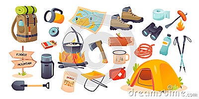 Bundle hiking collection. Hiking camping items. Hiking, camping. Vector Illustration