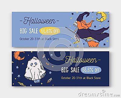 Bundle of horizontal holiday web banner templates with Halloween characters - witch and ghost. Vector illustration in Vector Illustration