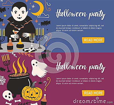 Bundle of horizontal web banner templates with vampire drinking blood from glass and other evil creatures. Colorful Vector Illustration