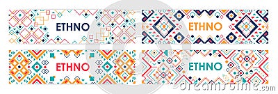 Bundle of horizontal web banners decorated with traditional American Indian ornaments or trendy geometric patterns in Vector Illustration