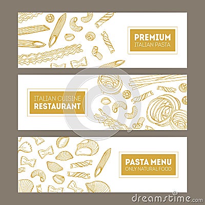 Bundle of horizontal web banners with various types of pasta hand drawn with contour lines on white background Vector Illustration