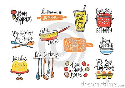 Bundle of inscriptions handwritten with cursive calligraphic font and decorated with kitchen utensils and food. Set of Vector Illustration