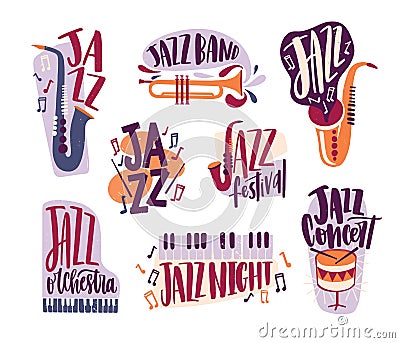 Bundle of jazz music inscriptions handwritten with elegant font and decorated with various musical instruments isolated Vector Illustration