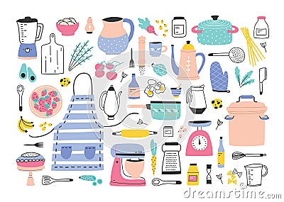 Bundle of kitchen utensils, manual and electric tools for home cooking or homemade meals preparation, food ingredients Vector Illustration