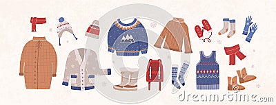 Bundle of knitted winter clothes and outerwear isolated on light background - woolen sweater, cardigan, waistcoat, snow Vector Illustration