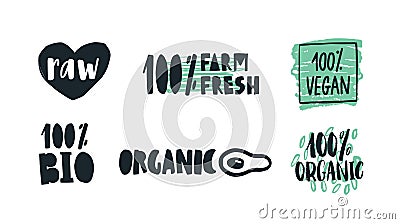 Bundle of labels with handwritten lettering for raw, farm, organic and vegan products, wholesome vegetarian food. Set of Vector Illustration