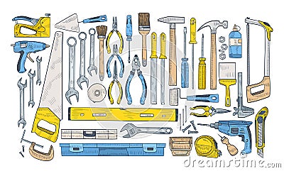 Bundle of manual and powered tools for handcraft and woodworking. Set of equipment for home repair and maintenance Vector Illustration