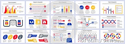 Bundle medical services infographics presentation slides template. Different charts, diagram, workflow, flowchart Vector Illustration