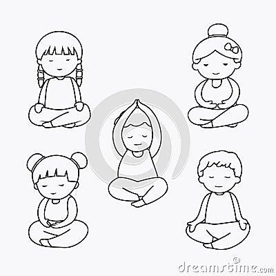 Bundle of meditation yoga. cartoon doodle line art meditating children collection illustration vector Vector Illustration