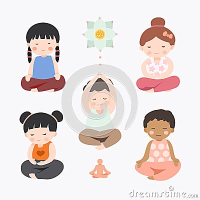 Bundle of meditation yoga. flat meditating children collection illustration vector Vector Illustration