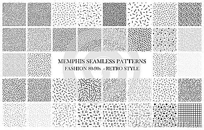 Bundle of Memphis seamless patterns. Fashion 80-90s. Black and white textures Vector Illustration