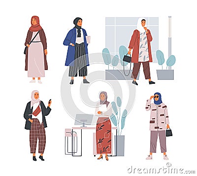 Bundle of modern young Muslim women wearing trendy clothes and hijab. Set of fashionable Arab girls. Collection of Vector Illustration