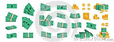 Bundle of money. Currency coins and banknotes, collection of flat 3D green dollar stack. Vector pile of golden coins Vector Illustration