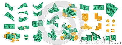 Bundle of money. Golden coins and green dollar banknotes, 3D pile of flat money cash. Vector set of currency stack Vector Illustration