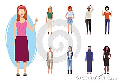 bundle of nine beautiful women characters Vector Illustration