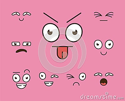 bundle of nine cartoon faces emoticons in pink background Vector Illustration