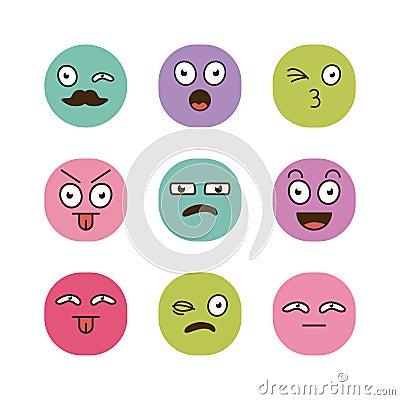 bundle of nine cartoon faces emoticons in white background Vector Illustration
