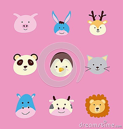 bundle of nine cute little animals heads characters Vector Illustration