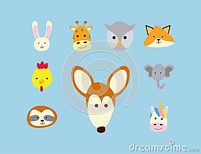 bundle of nine little animals heads characters Vector Illustration