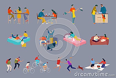 Bundle of people spending time together. Performing outside sports activities and Leisure Vector Illustration