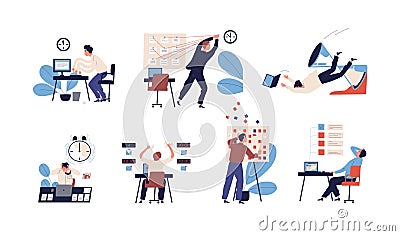 Bundle of people unable to organize their tasks and failing to fit them in schedule. Set of scenes with inefficient and Vector Illustration