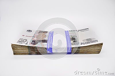 Bundle of 100 pieces banknote 50 fifty rubles banknotes of Bank of Russia on white background Russian rubles Stock Photo