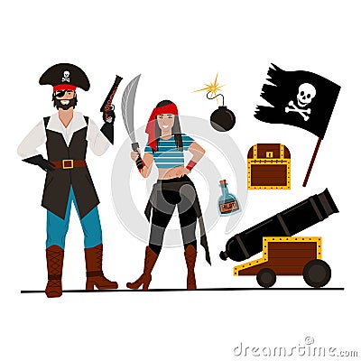 Bundle Pirate. A couple of pirate girls and a guy, different pirate items. Vector illustration Vector Illustration