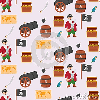 Bundle pirate seamless pattern. Bundle pirate, treasure map, rum, ship wheel, anchor, barrel, bomb Vector Illustration