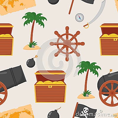 Bundle pirate seamless pattern. Bundle pirate, treasure map, rum, ship wheel, anchor, barrel, bomb Vector Illustration