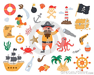 Bundle pirate set in flat hand drawn style. Parrot, ship, treasure, map, sea inhabitants Vector Illustration