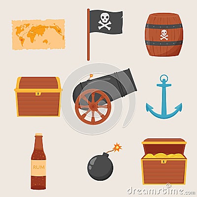 Bundle pirate set isolated on white background. Bundle pirate, treasure map, rum, ship wheel, anchor, barrel, bomb Vector Illustration