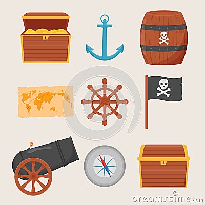 Bundle pirate set isolated on white background. Bundle pirate, treasure map, rum, ship wheel, anchor, barrel, bomb Vector Illustration