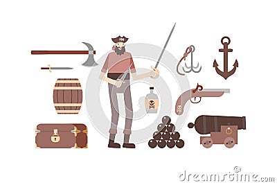 Bundle pirate. A thin corsair with a saber and a dagger in his hands, a barrel, an anchor, a bottle of rum, a chest and Vector Illustration
