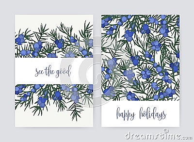 Bundle of postcard templates with juniper berries and leaves on white background and holiday wish. Set of cards Vector Illustration