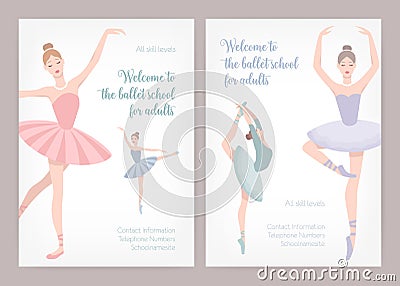 Bundle of poster or flyer templates for ballet school or studio for adults with elegant dancing ballerinas wearing tutu Vector Illustration