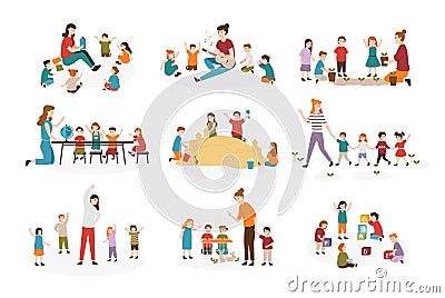 Bundle of preschool or kindergarten activities. Female teacher and children playing guitar and singing songs, reading Vector Illustration