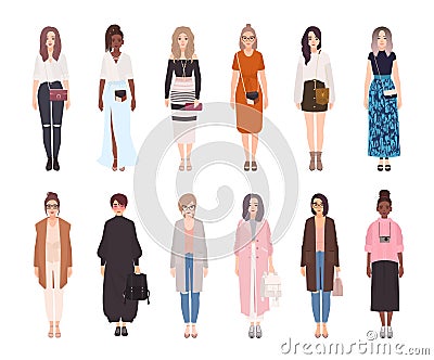 Bundle of pretty women dressed in modern fashionable clothes isolated on white background. Set of girls wearing trendy Vector Illustration