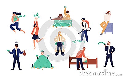 Bundle of rich men and women isolated on white background. Set of careless wealthy people, moneybags or nouveau riches Vector Illustration