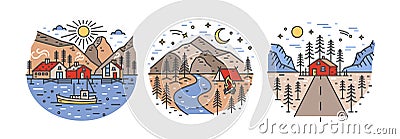 Bundle of round landscapes with mountains, sea and forest trees. Collection of touristic locations for outdoor Vector Illustration