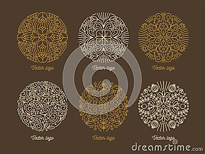 Bundle of round oriental ornaments drawn with contour lines. Set of circular Arabic mandalas or beautiful decorative Vector Illustration