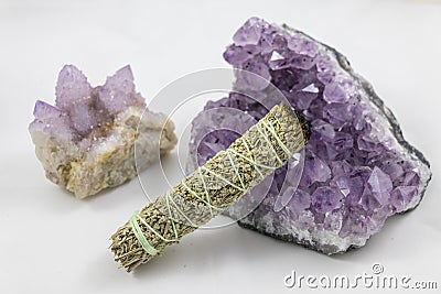 Bundle of Sage with beautiful Spirit Quartz and Amethyst Crystal Stock Photo