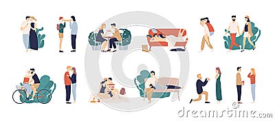 Bundle of scenes with adorable romantic couple. Man and woman kissing, hugging, riding bicycle, walking, eating Vector Illustration