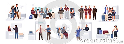 Bundle of scenes with tourists or aircraft passengers. Friends, families with children, couples at check-in, airport Vector Illustration