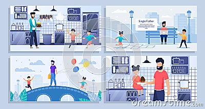 Bundle, Set Landing Web Page Single Father, Kids Vector Illustration