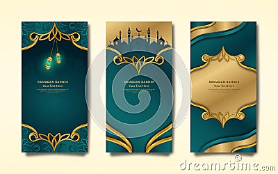 Bundle set of ramadan banners with green and gold Islamic decorations Vector Illustration